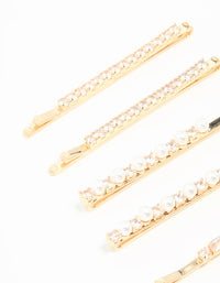 Beautifully crafted gold cubic zirconia and pearl hair clips in a 6-pack side view - link has visual effect only