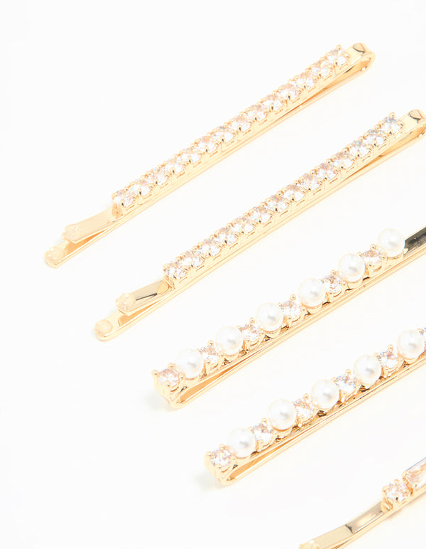 Beautifully crafted gold cubic zirconia and pearl hair clips in a 6-pack side view