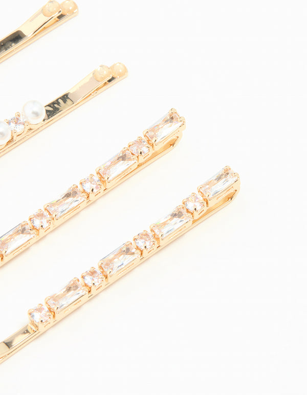 Showcasing gold cubic zirconia and pearl hair clips in a 6-pack detail view
