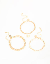 Gold Mixed Chain & Lock Bracelet 3-Pack - link has visual effect only