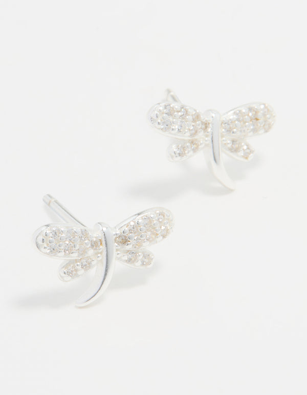 Sterling Silver Cubic Zirconia Dragonfly Stud Earrings