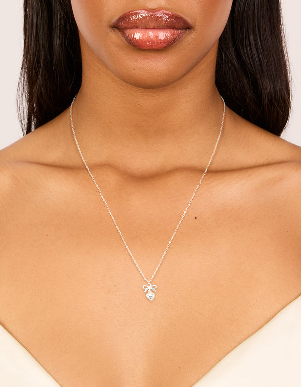 Sterling Silver Bow & Heart Drop Necklace