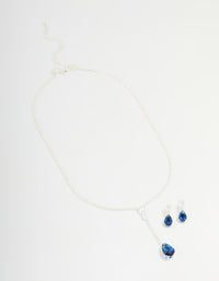 Silver Blue Cubic Zirconia Pear Y-Necklace & Earrings Set - link has visual effect only
