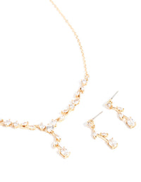 Gold Cubic Zirconia Flower Vine Necklace & Drop Earrings Set - link has visual effect only