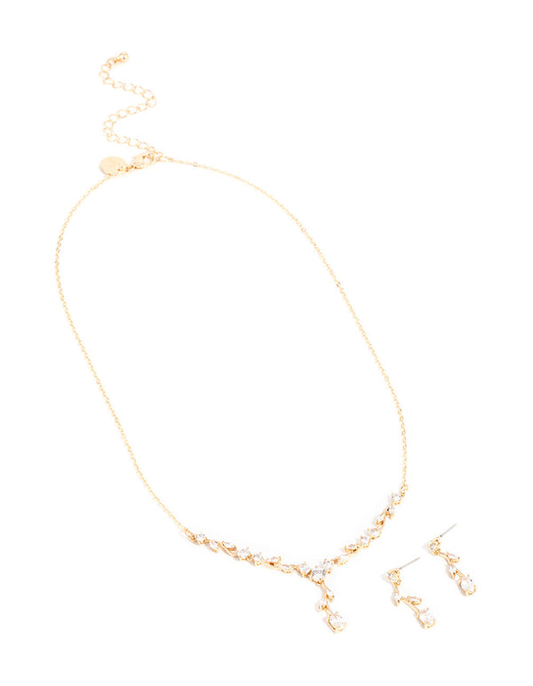 Gold Cubic Zirconia Flower Vine Necklace & Drop Earrings Set