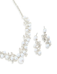 Silver Cubic Zirconia Pearl Vine Necklace & Earrings Set - link has visual effect only