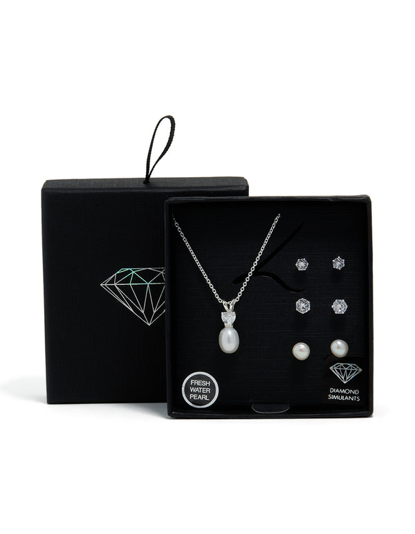 Silver Cubic Zirconia Freshwater Pearl Stud Necklace & Earrings Set