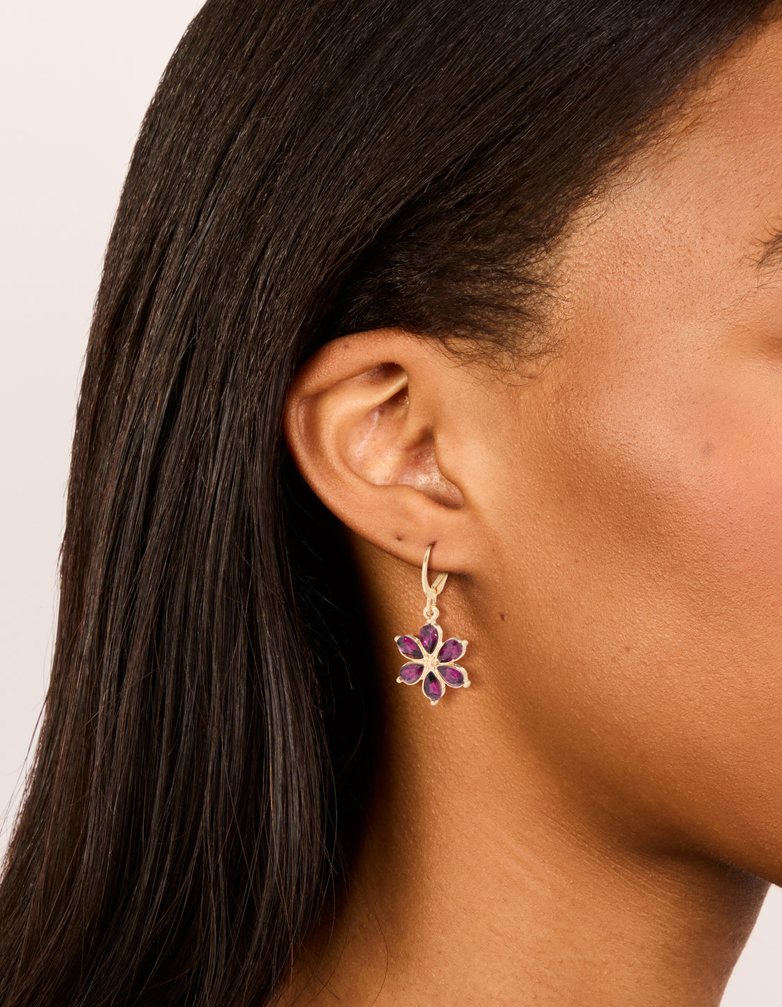 Gold Red Diamante Flower Hoop Earrings
