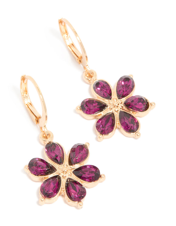 Gold Red Diamante Flower Hoop Earrings