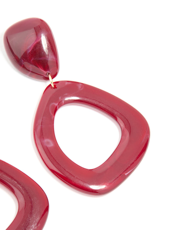 Red Acrylic Organic Open Square Oval Drop Earrings