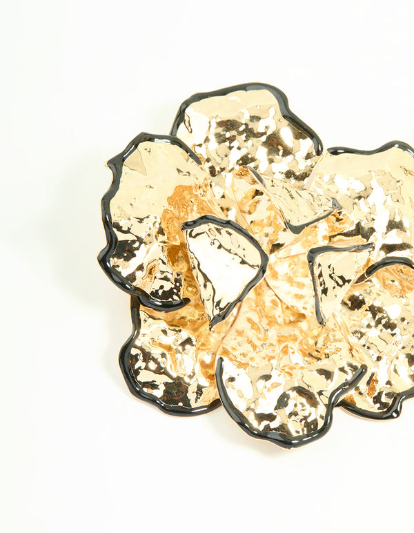 Gold Black Outline Floral Large Stud Earrings