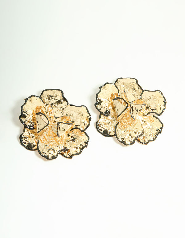 Gold Black Outline Floral Large Stud Earrings