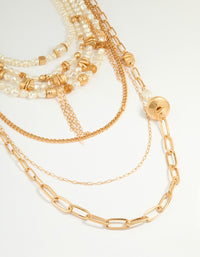 Worn Gold Pearl Layered Chain Necklace - link has visual effect only