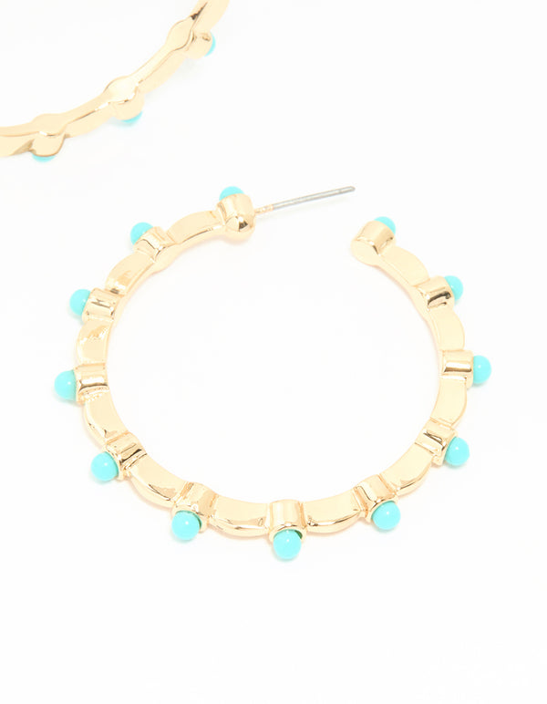 Gold Turquoise Ball Hoop Earrings