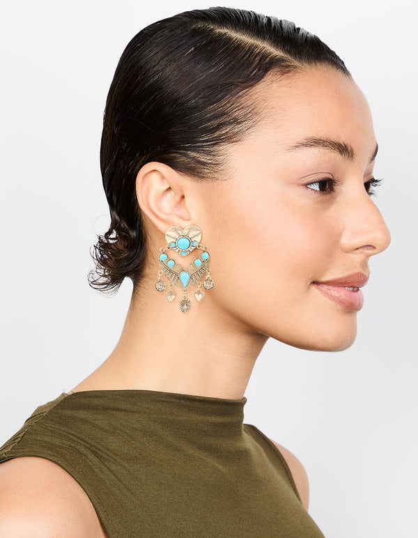Antique Gold Turquoise Heart Drop Earrings