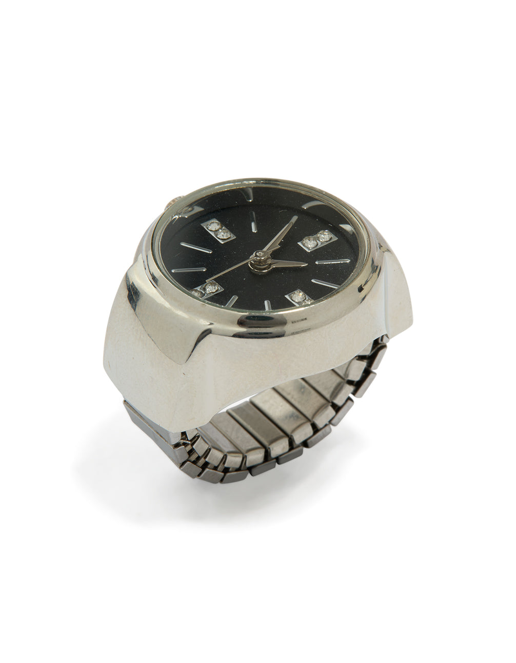 Presenting a statement watch ring in silver with black dial side detail view