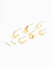 Gold Plated Cubic Zirconia Bezel Set Hoop & Stud Earrings 4-Pack - link has visual effect only