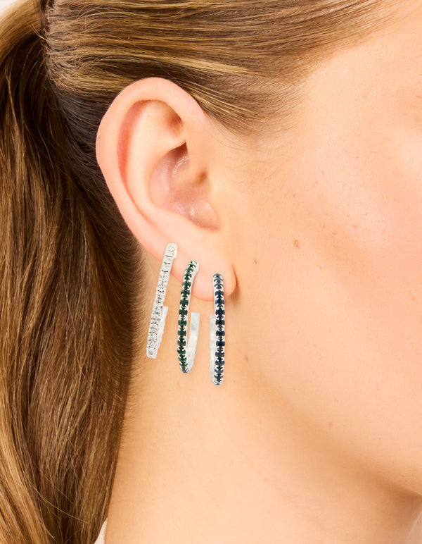 Silver Emerald Diamante Pavé Hoop Earrings 3-Pack