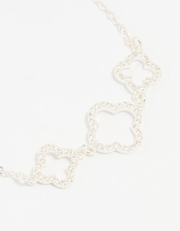 Silver Plated Cubic Zirconia Outline Triple Flower Toggle Bracelet