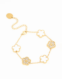 Waterproof Gold Plated Stainless Steel Diamante & Inlay Flower Charm Bracelet - link has visual effect only