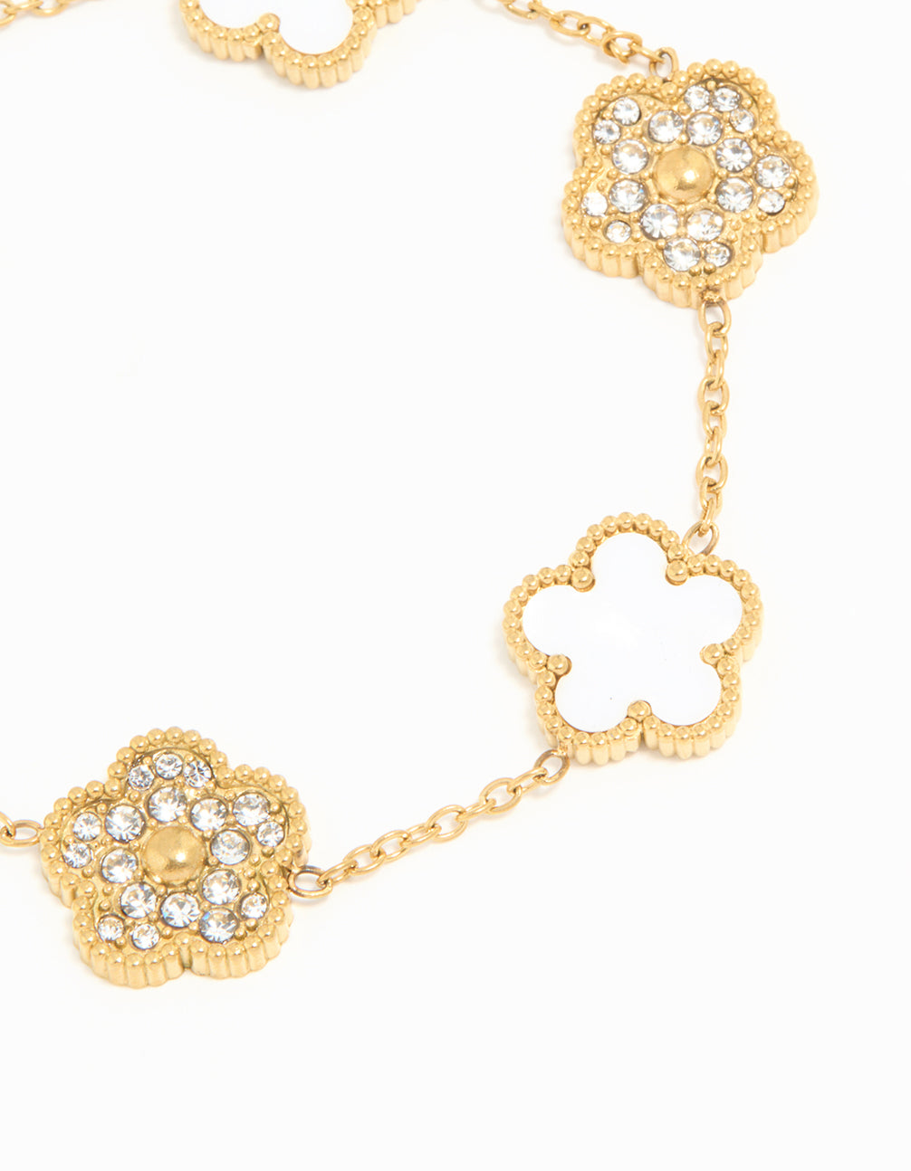 Waterproof Gold Plated Stainless Steel Diamante & Inlay Flower Charm Bracelet