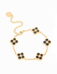 Waterproof Gold Plated Stainless Steel Diamante Black Inlay Flowers Charms Bracelet - link has visual effect only