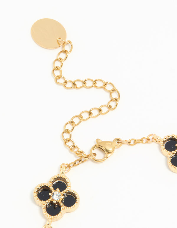 Waterproof Gold Plated Stainless Steel Diamante Black Inlay Flowers Charms Bracelet