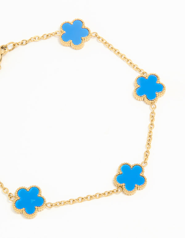 Waterproof Gold Plated Stainless Steel Blue Inlay Flower Petals Charm Bracelet