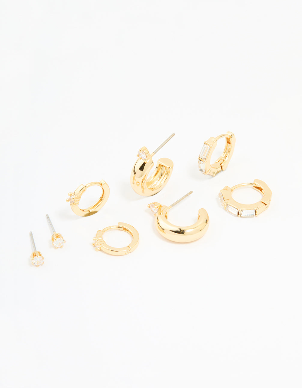 Gold Plated Brass Cubic Zirconia Huggie & Stud Earrings 4-Pack