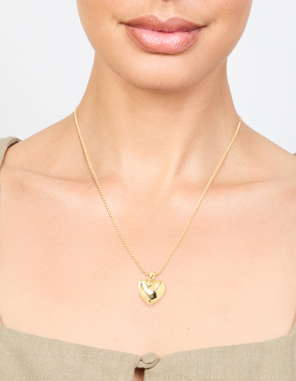 Gold Plated Brass Puffy Heart Pendant Necklace