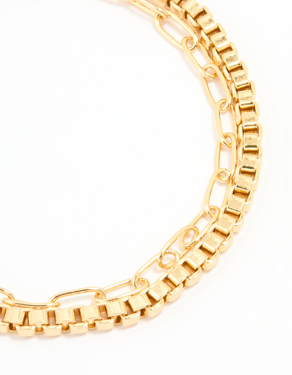 Gold Plated Brass Layered Chain Toggle Bracelet
