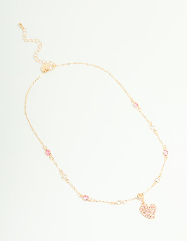 Gold Pink Diamante Heart Rondell Necklace