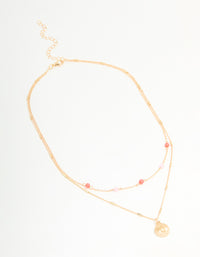 Gold Red & Pink Beaded & Pendant Layered Necklace - link has visual effect only