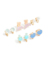 Kids Gold Turtle & Mermaid Clip On Earrings 5-Pack - link has visual effect only