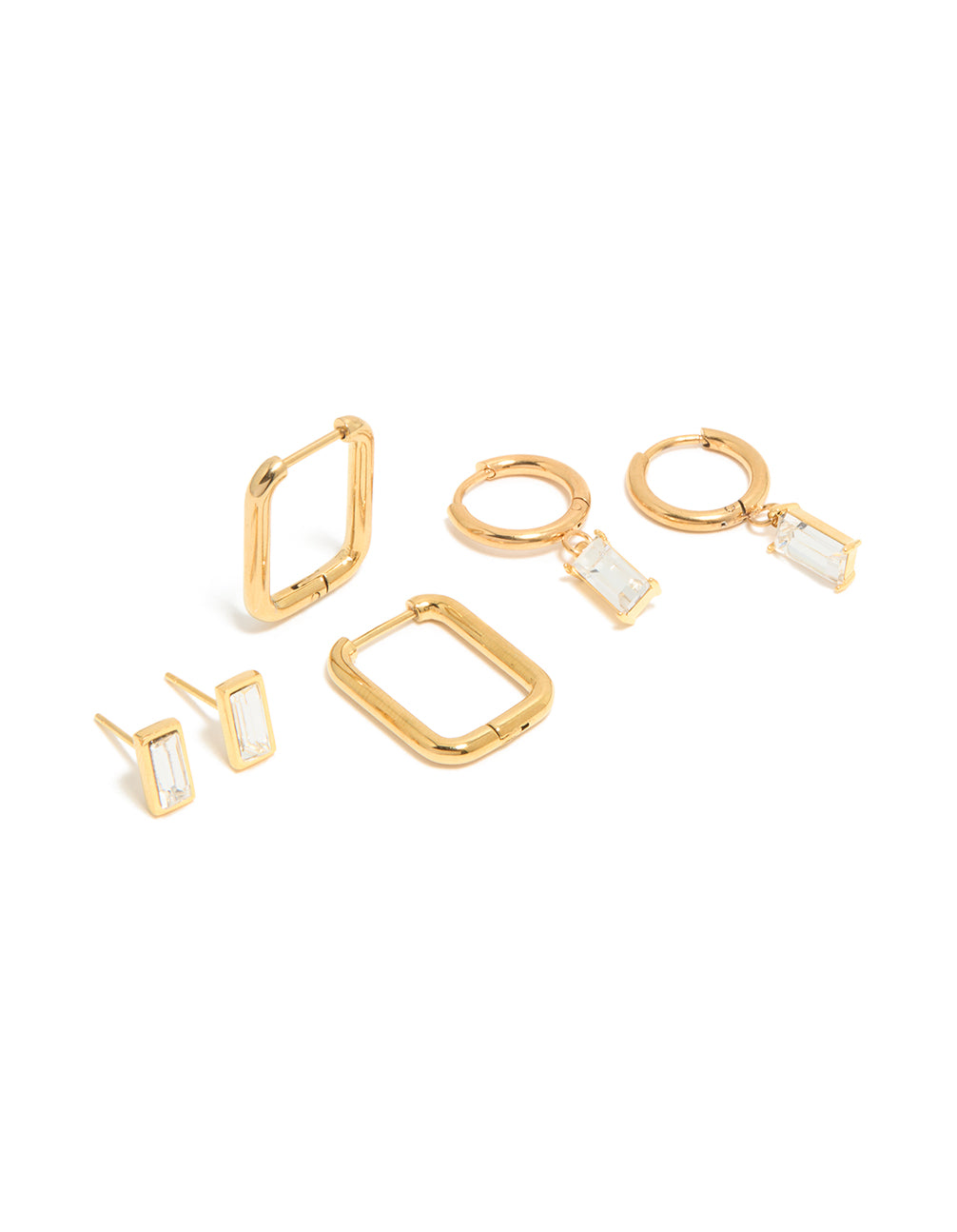 Featuring waterproof gold plated stainless steel cubic zirconia stud and hoop earrings in a 3-pack front view