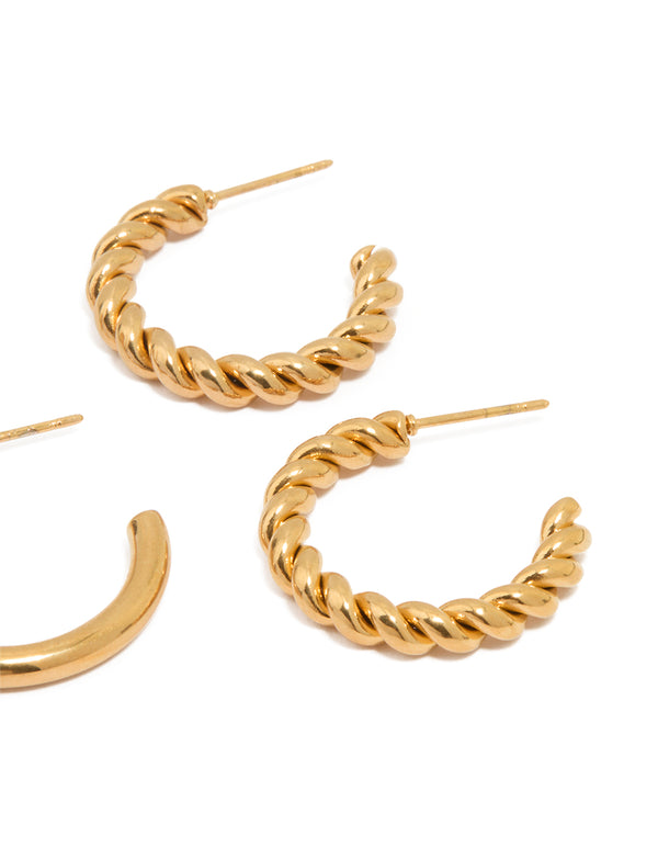 Waterproof Gold Plated Stainless Steel Twisted & Smooth  Hoop Earrings 3-Pack