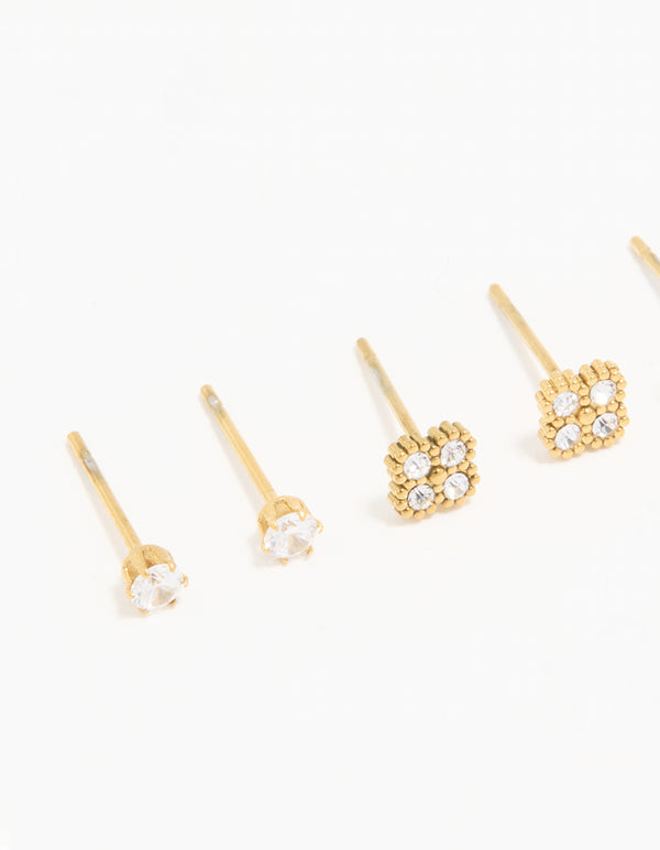 Waterproof Gold Plated Stainless Steel Cubic Zirconia Flower & Classic Stud Earrings 4-Pack