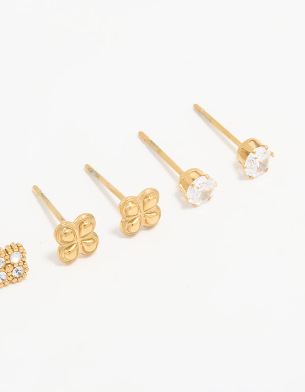 Waterproof Gold Plated Stainless Steel Cubic Zirconia Flower & Classic Stud Earrings 4-Pack