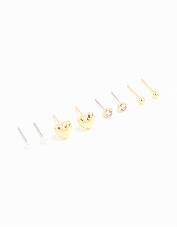 Waterproof Gold Plated Stainless Steel Cubic Zirconia & Heart Stud Earrings 4-Pack