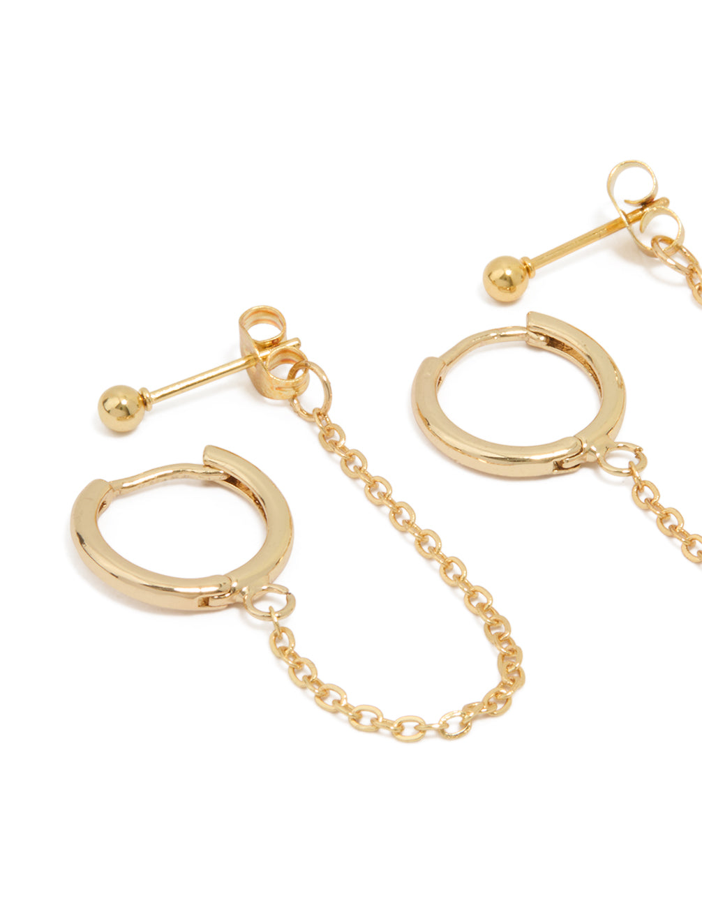 Showcasing waterproof gold plated stainless steel cubic zirconia and sleek huggie earrings in a statement 3-pack close up view