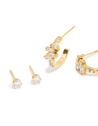 Waterproof Gold Plated Stainless Steel Cubic Zirconia Stacking Earrings 2-Pack - link has visual effect only