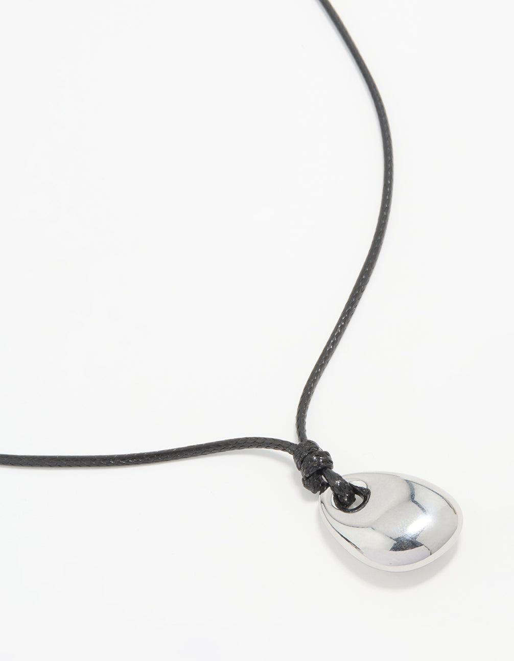 This waterproof pendant necklace features stainless steel and black cord close up view
