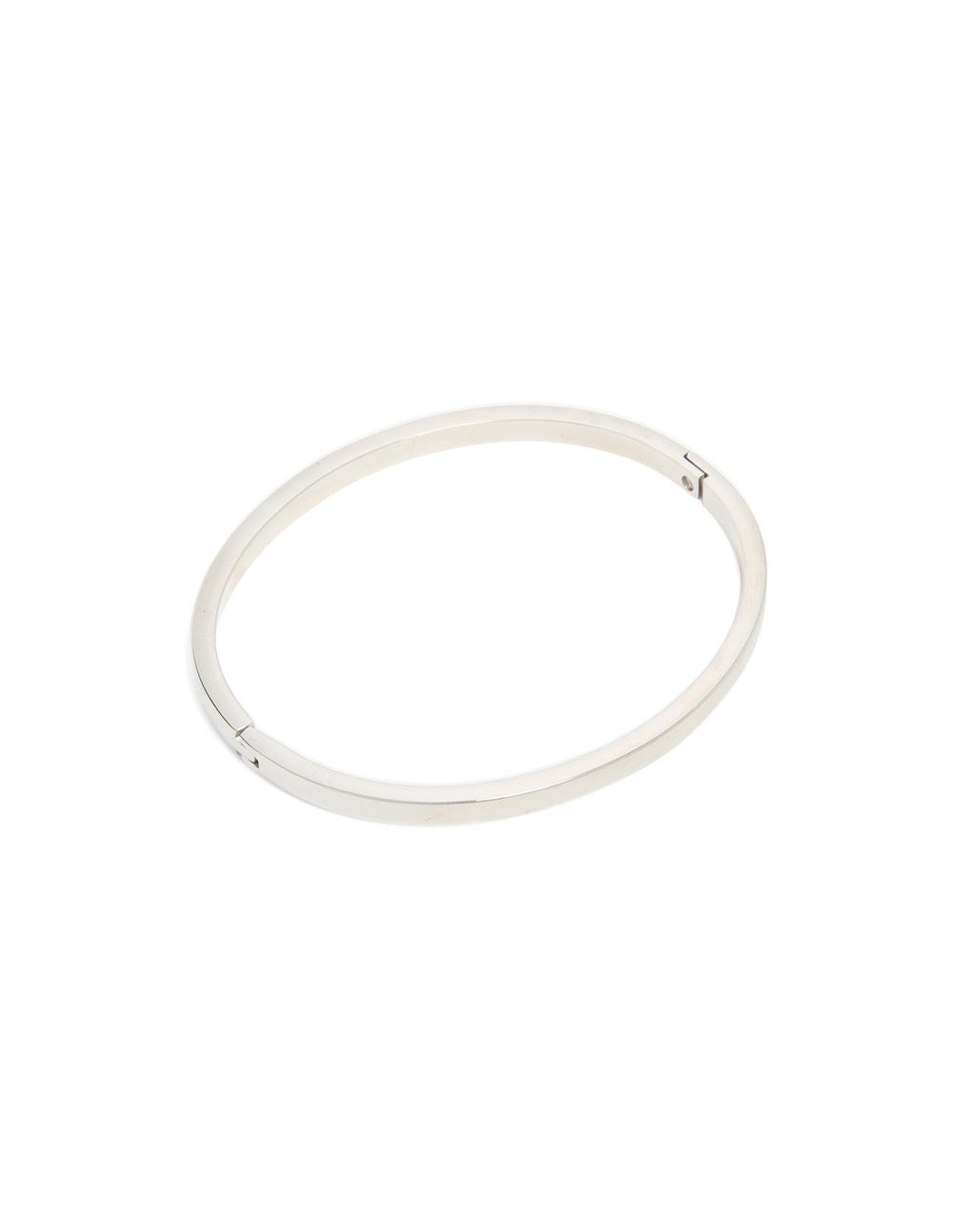 Showcasing a waterproof stainless steel smooth hinge bangle in silver with statement styling front view