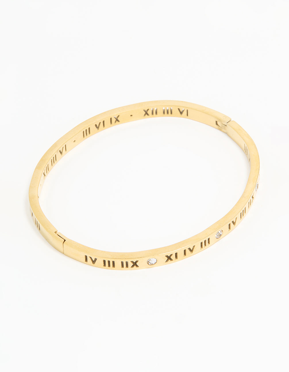 Showcasing a waterproof gold plated stainless steel diamante Roman numeral hinge bangle front view