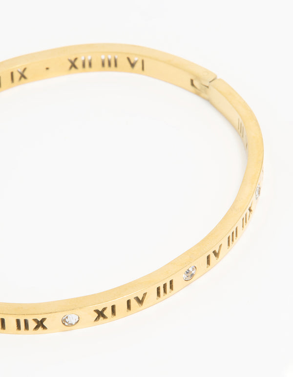 Waterproof Gold Plated Stainless Steel Diamante Roman Numeral Hinge Bangle