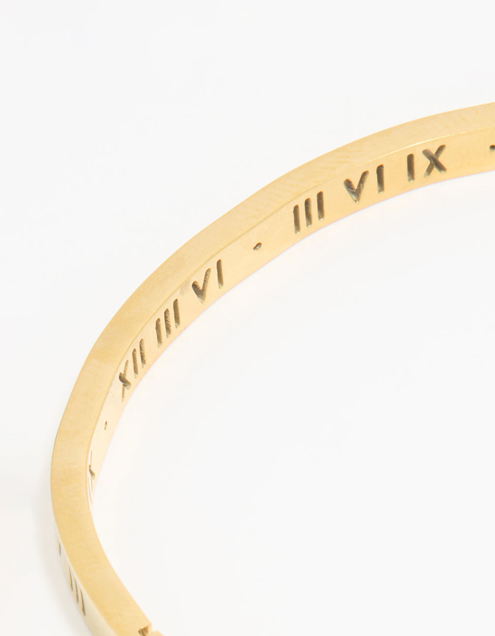 Crafted from waterproof gold plated stainless steel with diamante Roman numeral details on hinge bangle closure detail view