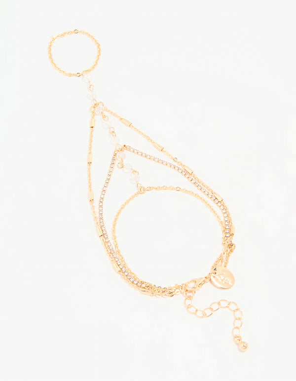 Gold Clear Bead & Diamante Layered Hand Chain