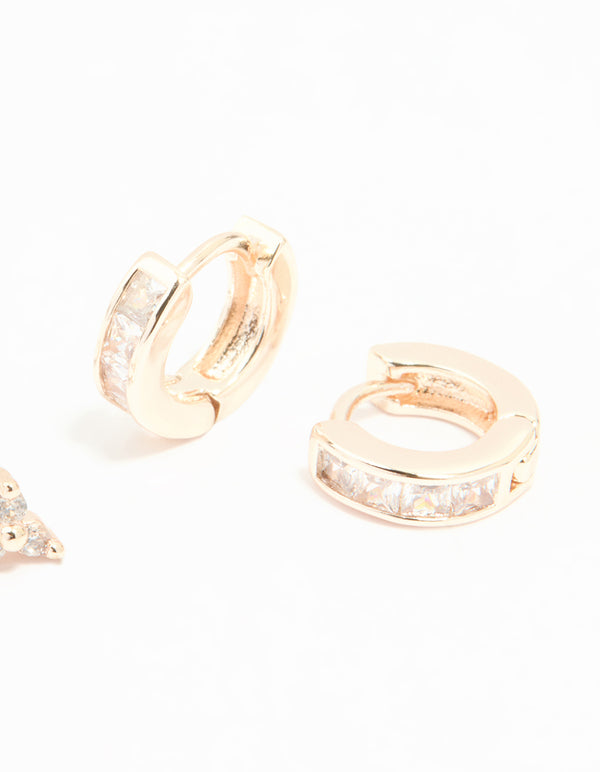 Rose Gold Plated Cubic Zirconia Trio Stud & Huggie Earrings 2-Pack