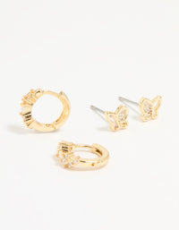 Gold Plated Cubic Zirconia Butterfly Huggie & Stud Earrings 2-Pack - link has visual effect only