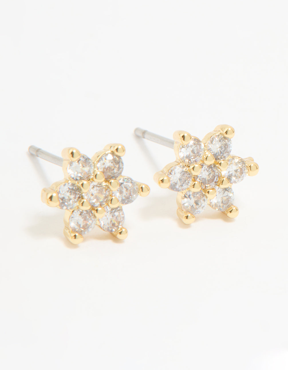 Crafted from gold plated cubic zirconia, these flower and leaf stud earrings in a 2-pack post detail view